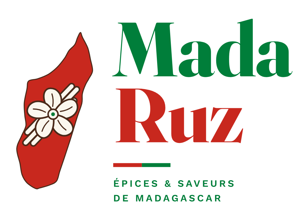 Mada Ruz, épices et saveurs de Madagascar : l'île de Madagascar en rouge avec une fleur de vanillier